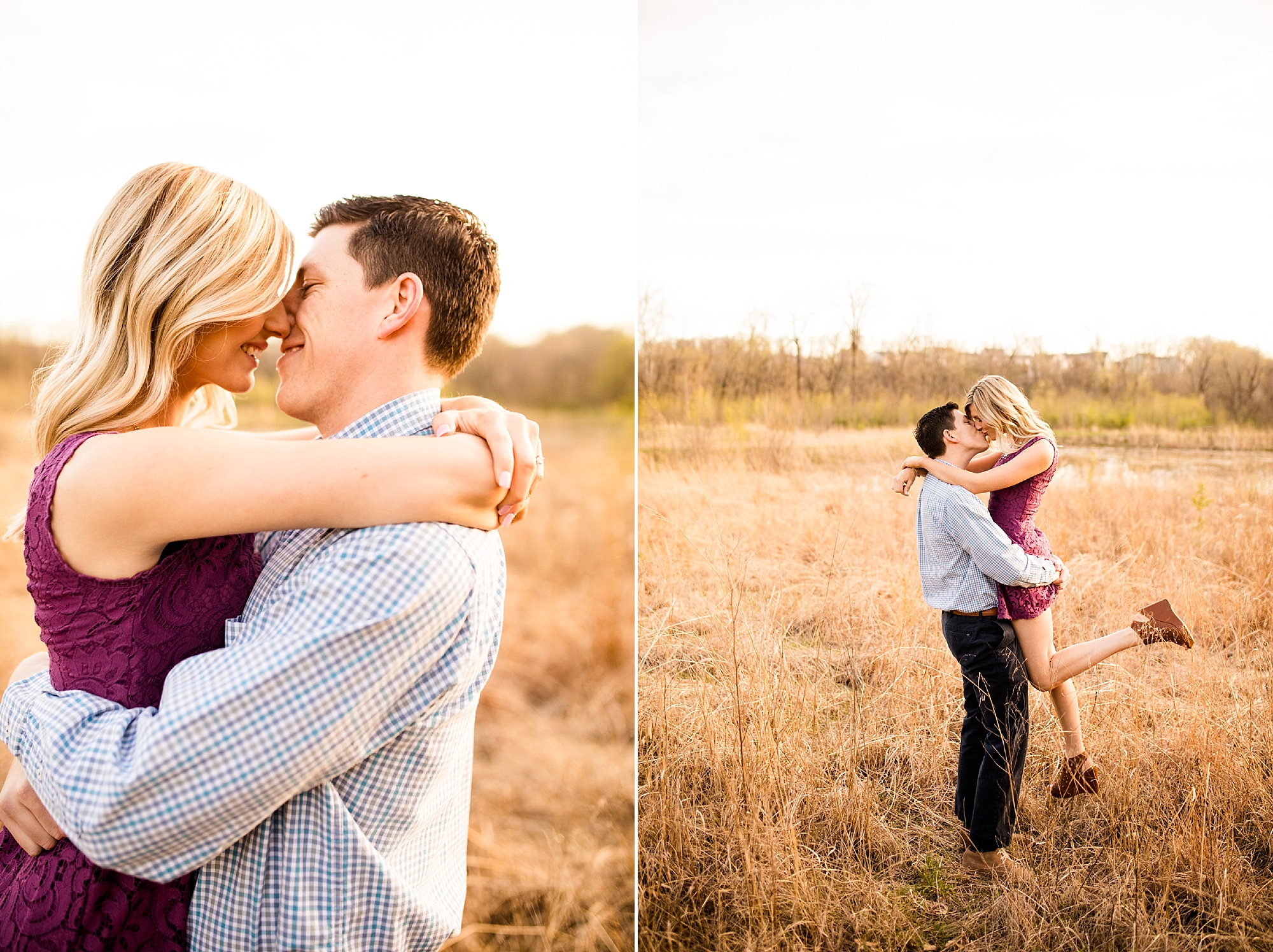 Picking fiance up in the middle of a field for engagement photos