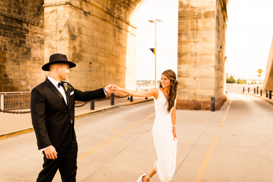 a bride and groom downtown in St. Louis Missouri on their wedding day